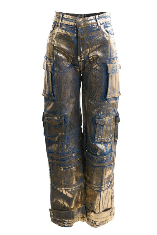 Gilded Glamour Foil Cargo Wide Leg Jeans